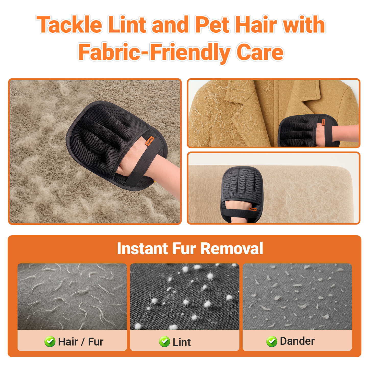 JoyPetto Reusable Pet Hair Removal Gloves for Pets, Furniture & Cars