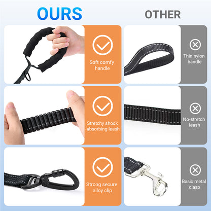 JoyPetto Tactical Bungee Dog Leash with Seatbelt Clip & Reflective Trim