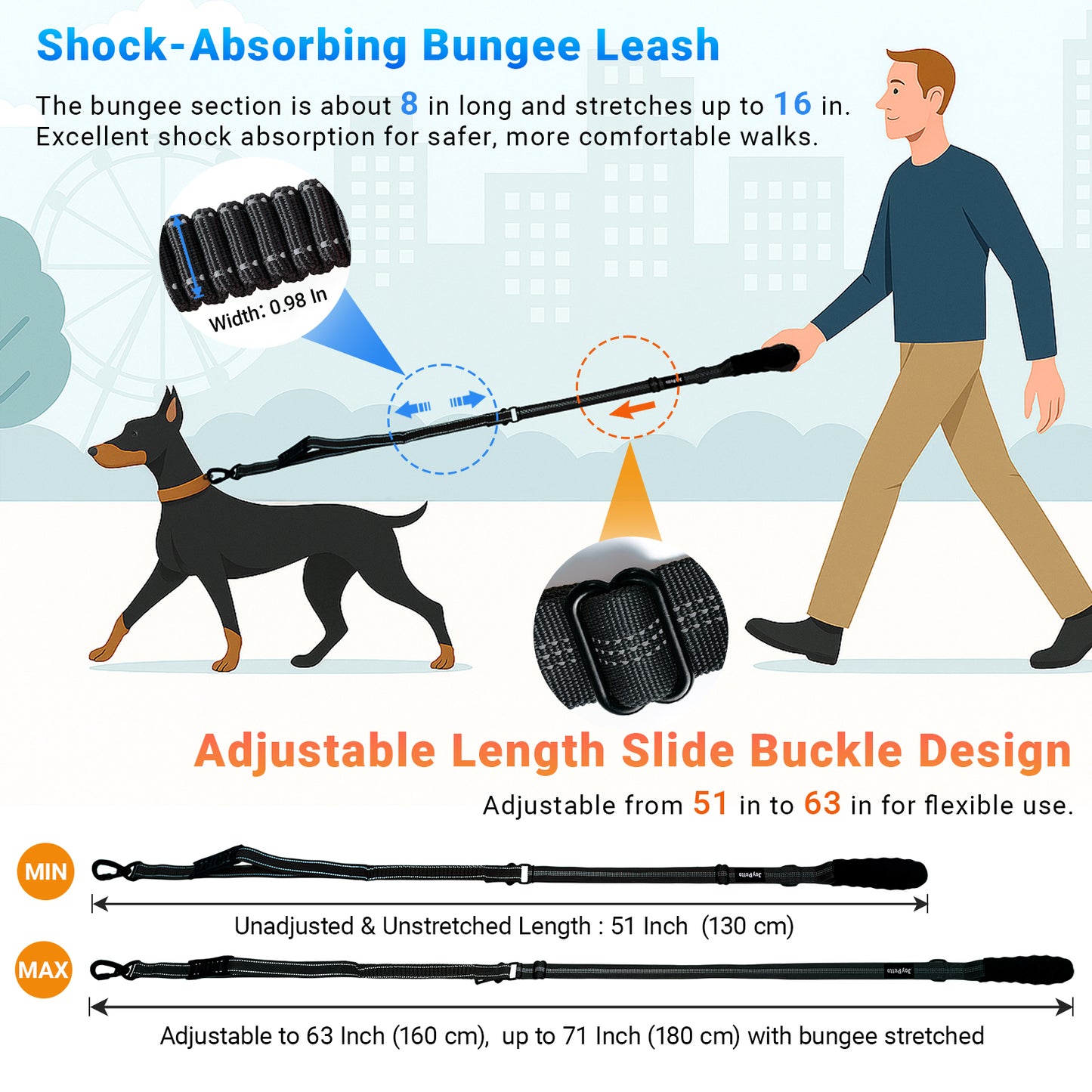 JoyPetto Tactical Bungee Dog Leash with Seatbelt Clip & Reflective Trim