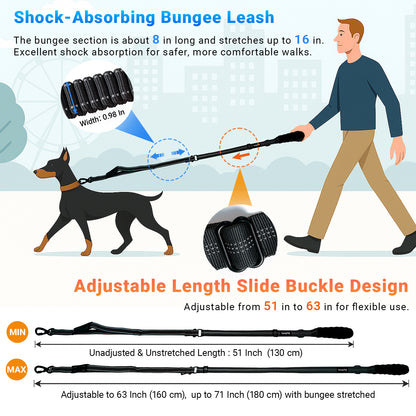 JoyPetto Tactical Bungee Dog Leash with Seatbelt Clip & Reflective Trim