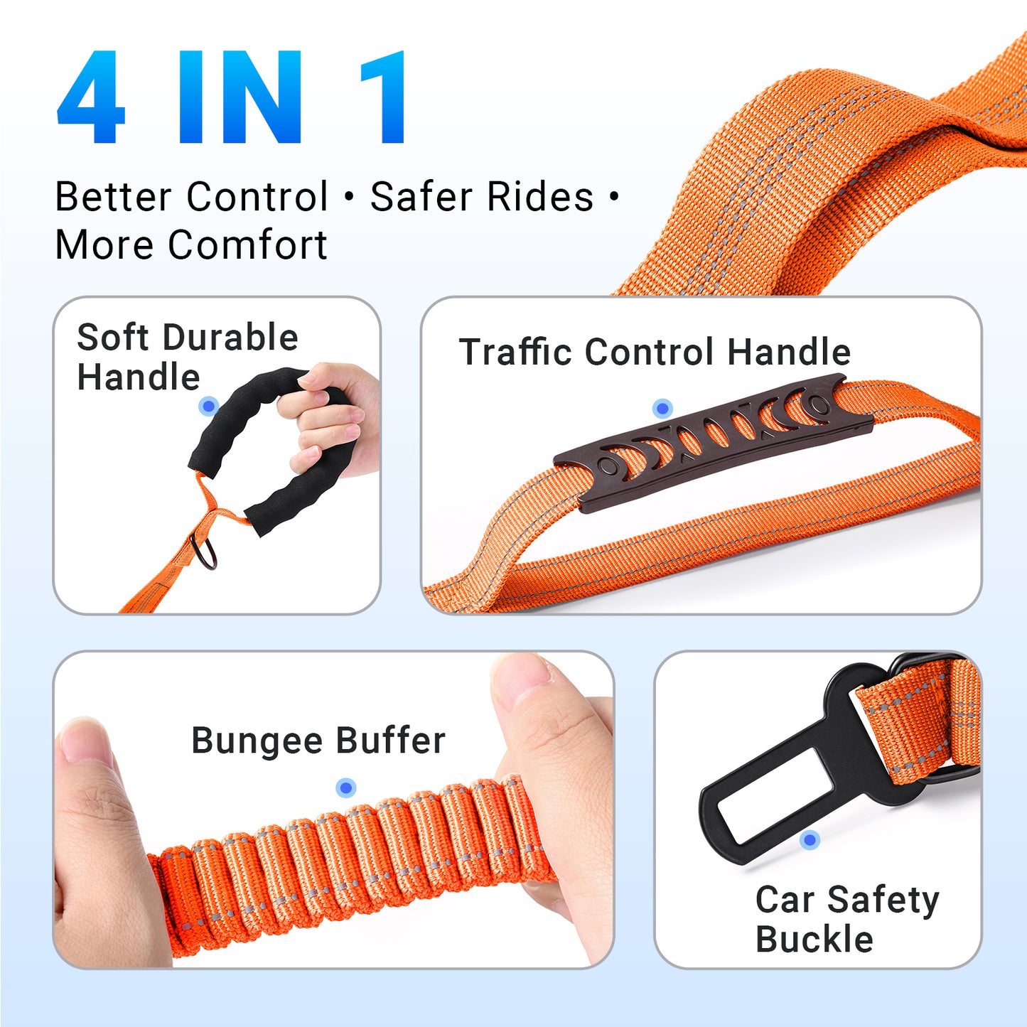 JoyPetto Tactical Bungee Dog Leash with Seatbelt Clip & Reflective Trim