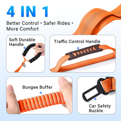 JoyPetto Tactical Bungee Dog Leash with Seatbelt Clip & Reflective Trim