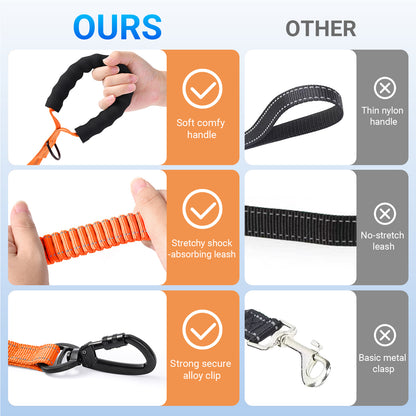 JoyPetto Tactical Bungee Dog Leash with Seatbelt Clip & Reflective Trim