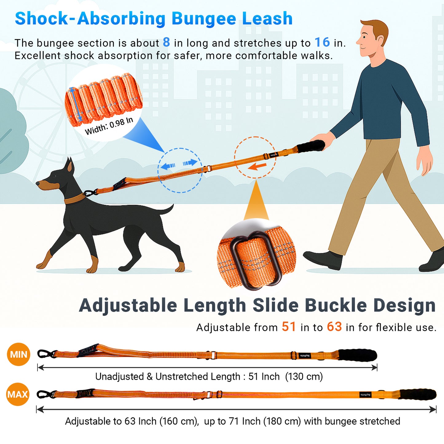 JoyPetto Tactical Bungee Dog Leash with Seatbelt Clip & Reflective Trim
