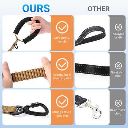JoyPetto Tactical Bungee Dog Leash with Seatbelt Clip & Reflective Trim