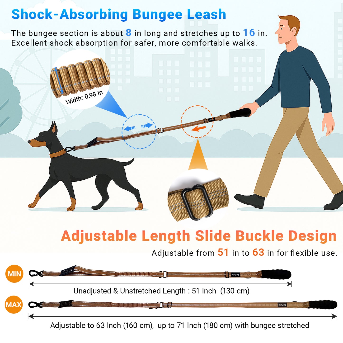 JoyPetto Tactical Bungee Dog Leash with Seatbelt Clip & Reflective Trim