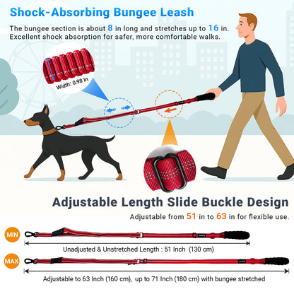 JoyPetto Tactical Bungee Dog Leash with Seatbelt Clip & Reflective Trim