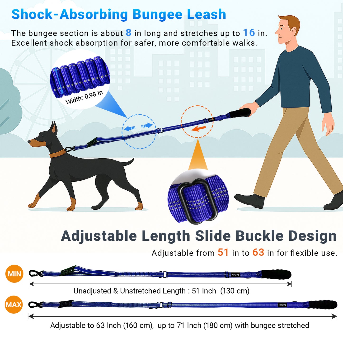 JoyPetto Tactical Bungee Dog Leash with Seatbelt Clip & Reflective Trim