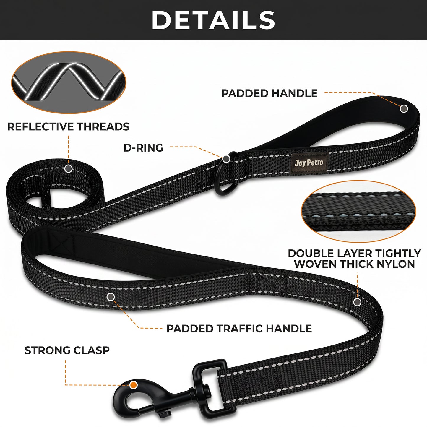 JoyPetto 6 ft Reflective Dog Leash with Dual Padded Handles