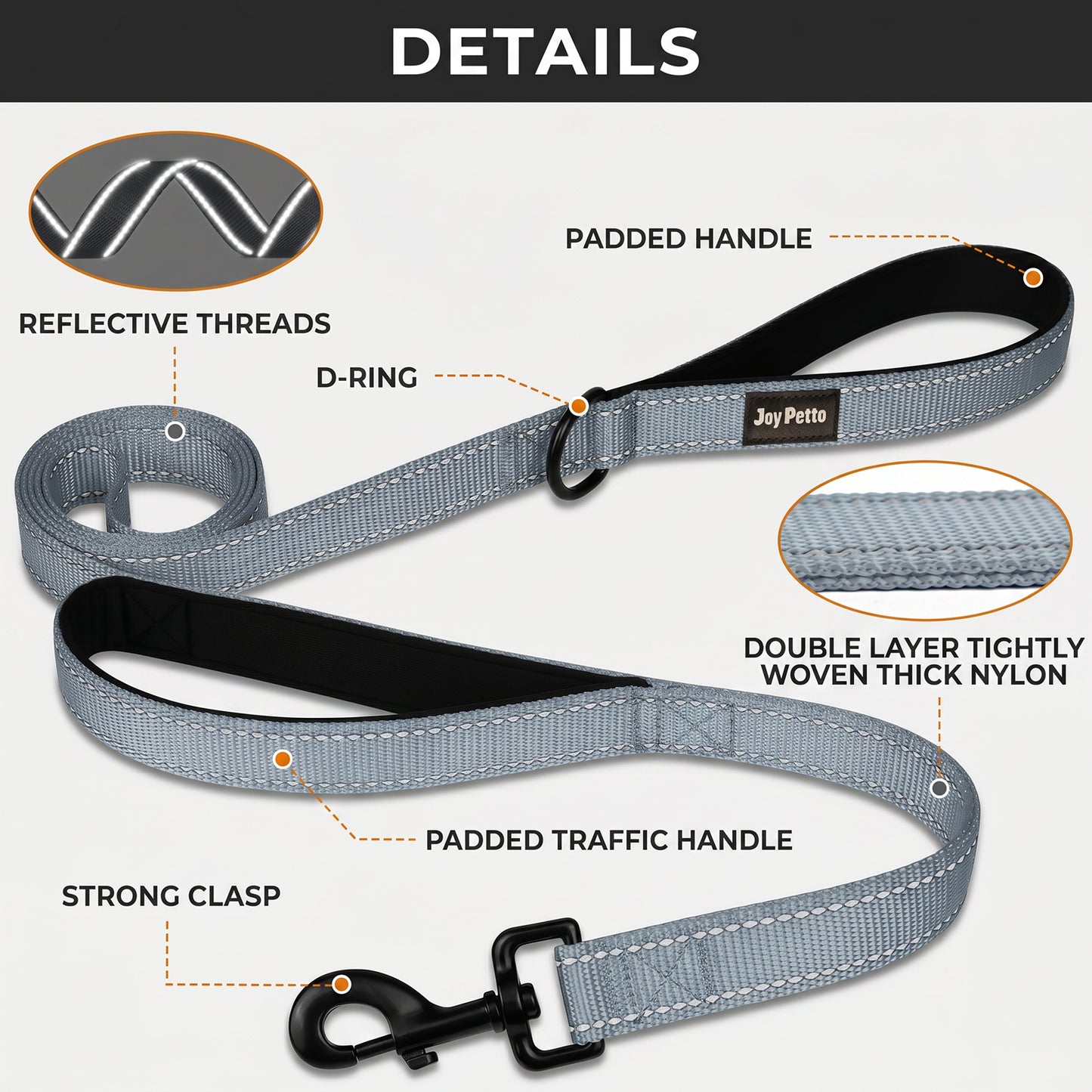 JoyPetto 6 ft Reflective Dog Leash with Dual Padded Handles