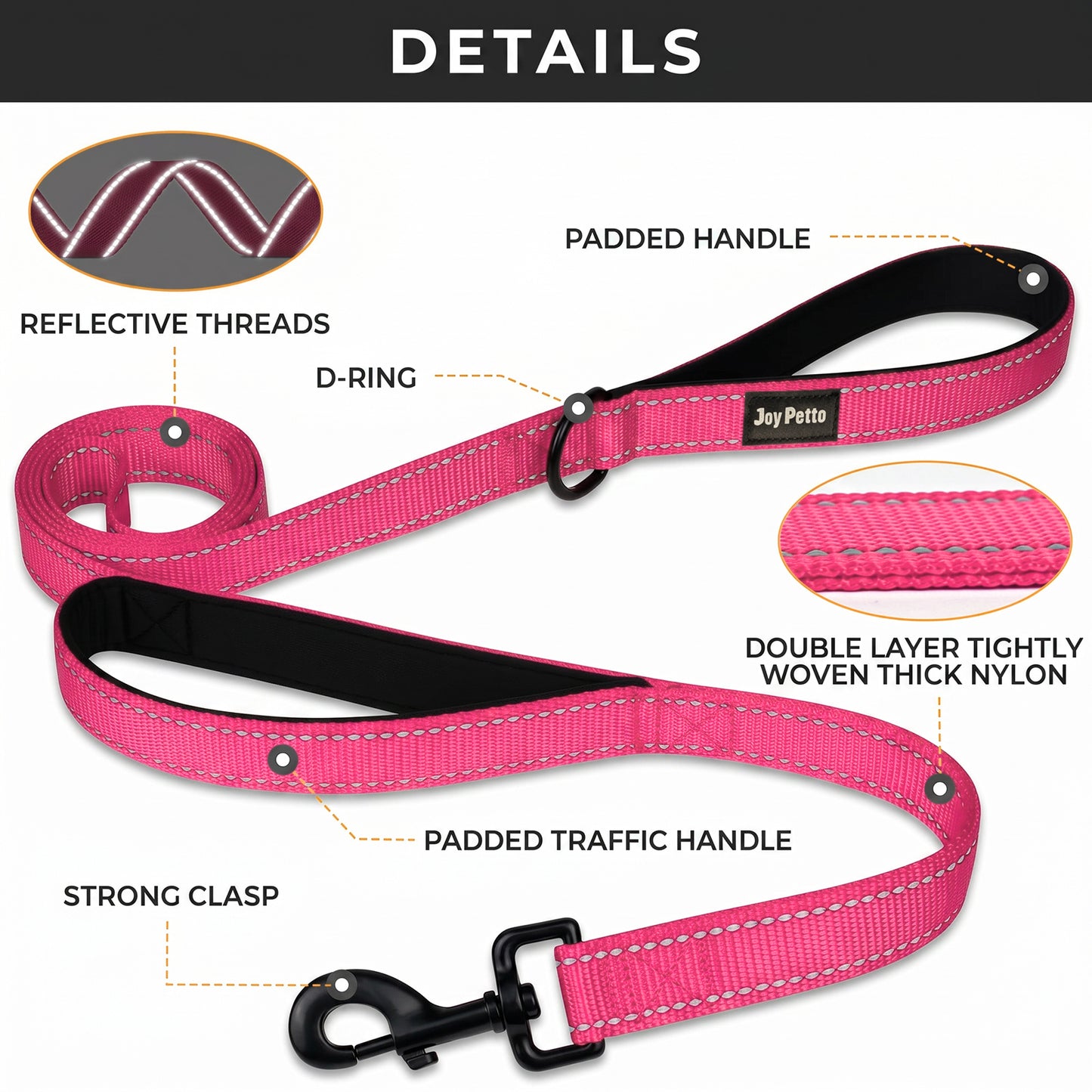 JoyPetto 6 ft Reflective Dog Leash with Dual Padded Handles