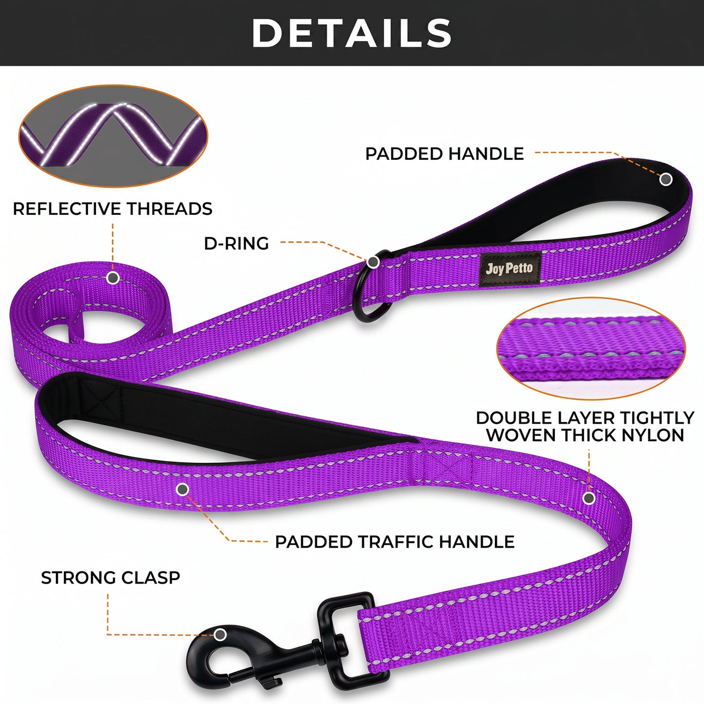JoyPetto 6 ft Reflective Dog Leash with Dual Padded Handles