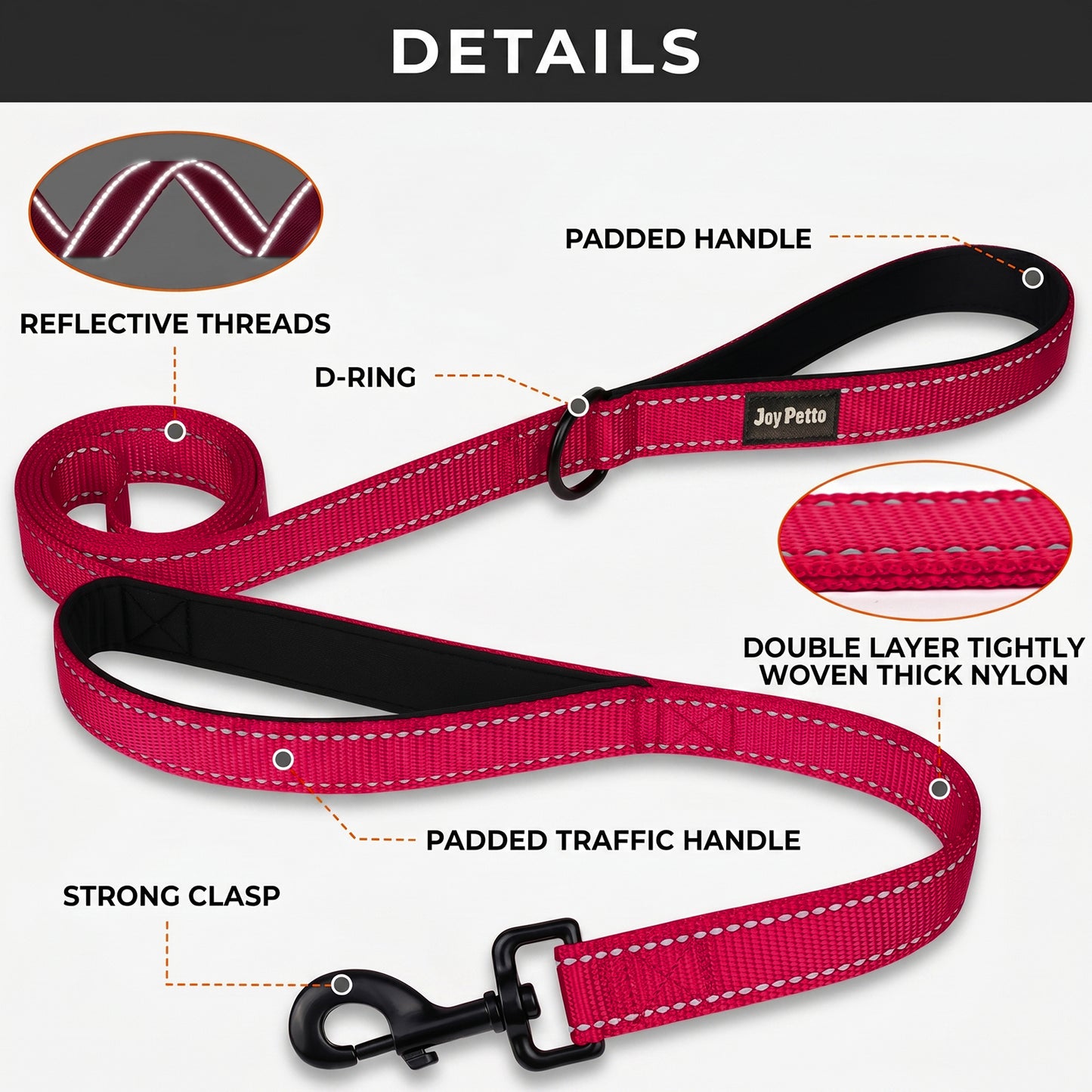 JoyPetto 6 ft Reflective Dog Leash with Dual Padded Handles
