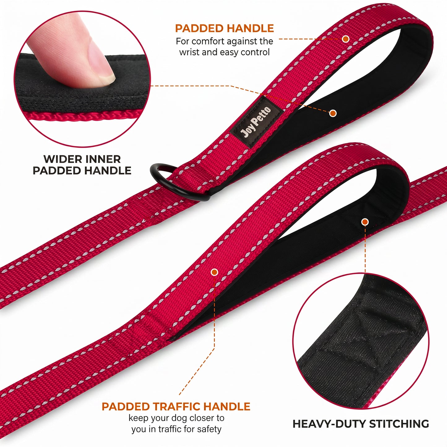 JoyPetto 6 ft Reflective Dog Leash with Dual Padded Handles