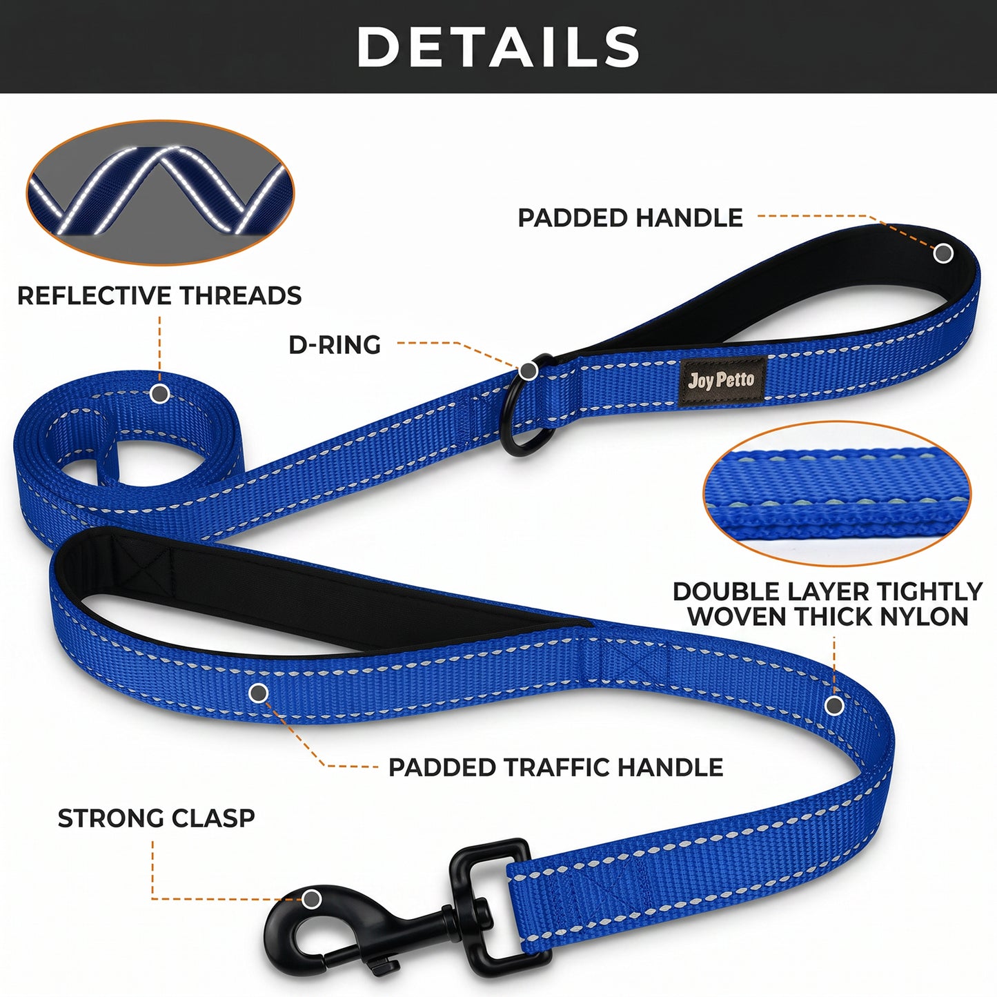 JoyPetto 6 ft Reflective Dog Leash with Dual Padded Handles