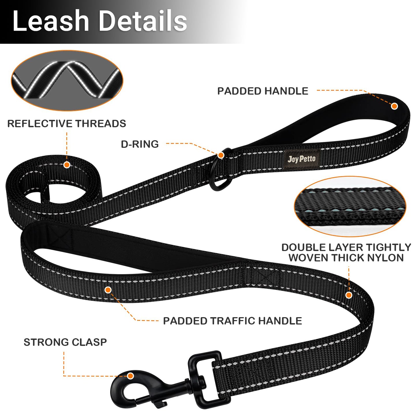 JoyPetto Reflective Dog Collar & 6 ft Dual-Handle Leash Set