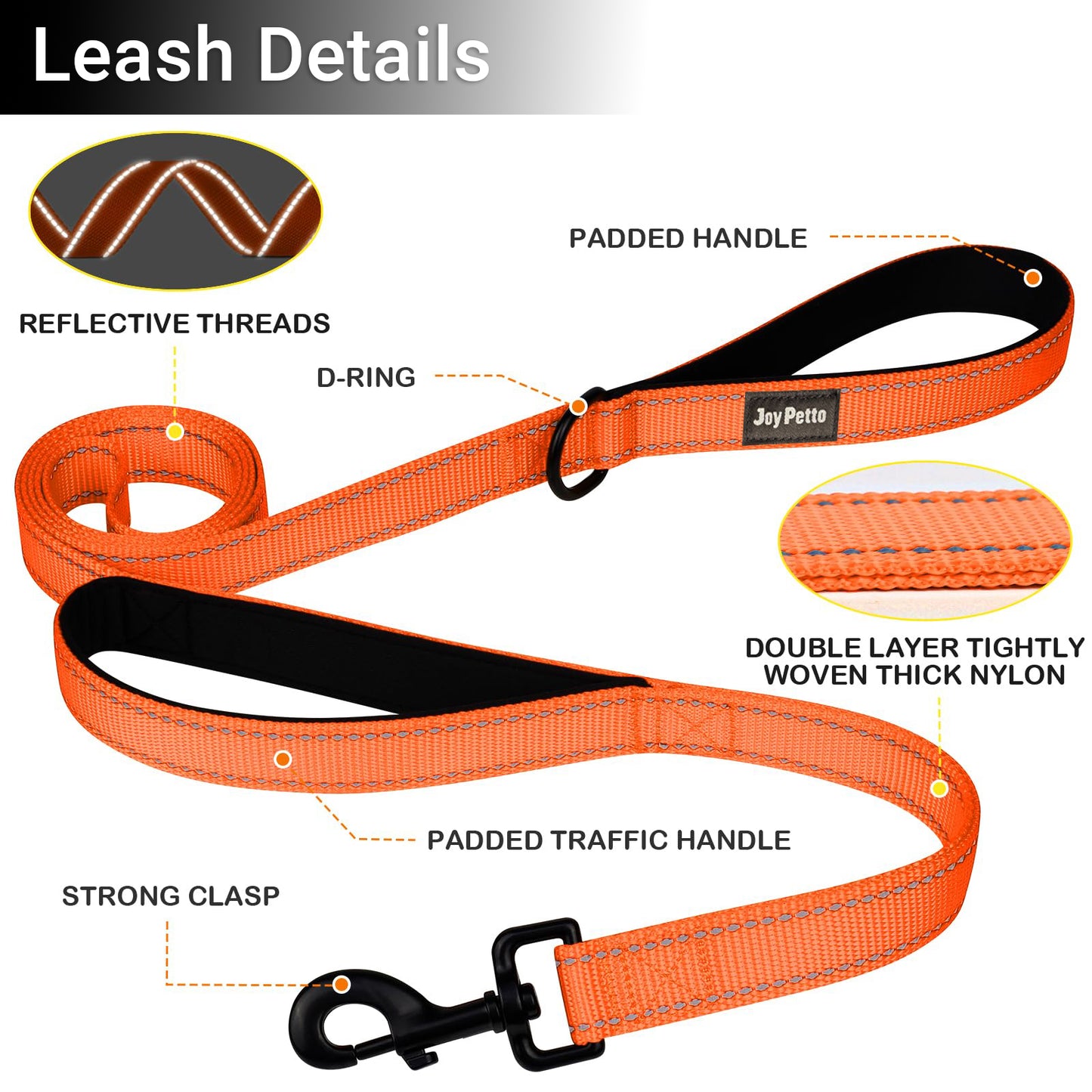 JoyPetto Reflective Dog Collar & 6 ft Dual-Handle Leash Set