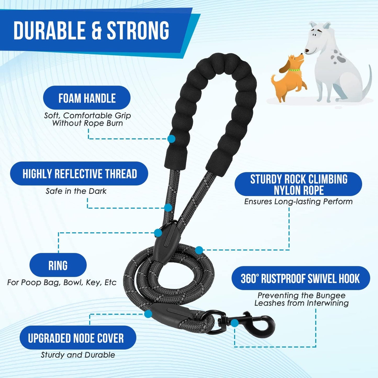 JoyPetto No-Tangle Double Dog Leash with 360° Swivel & Padded Handles