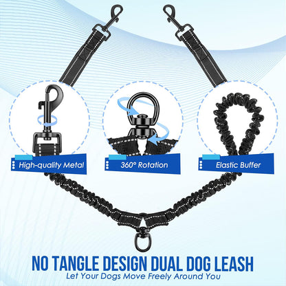 JoyPetto No-Tangle Double Dog Leash with 360° Swivel & Padded Handles