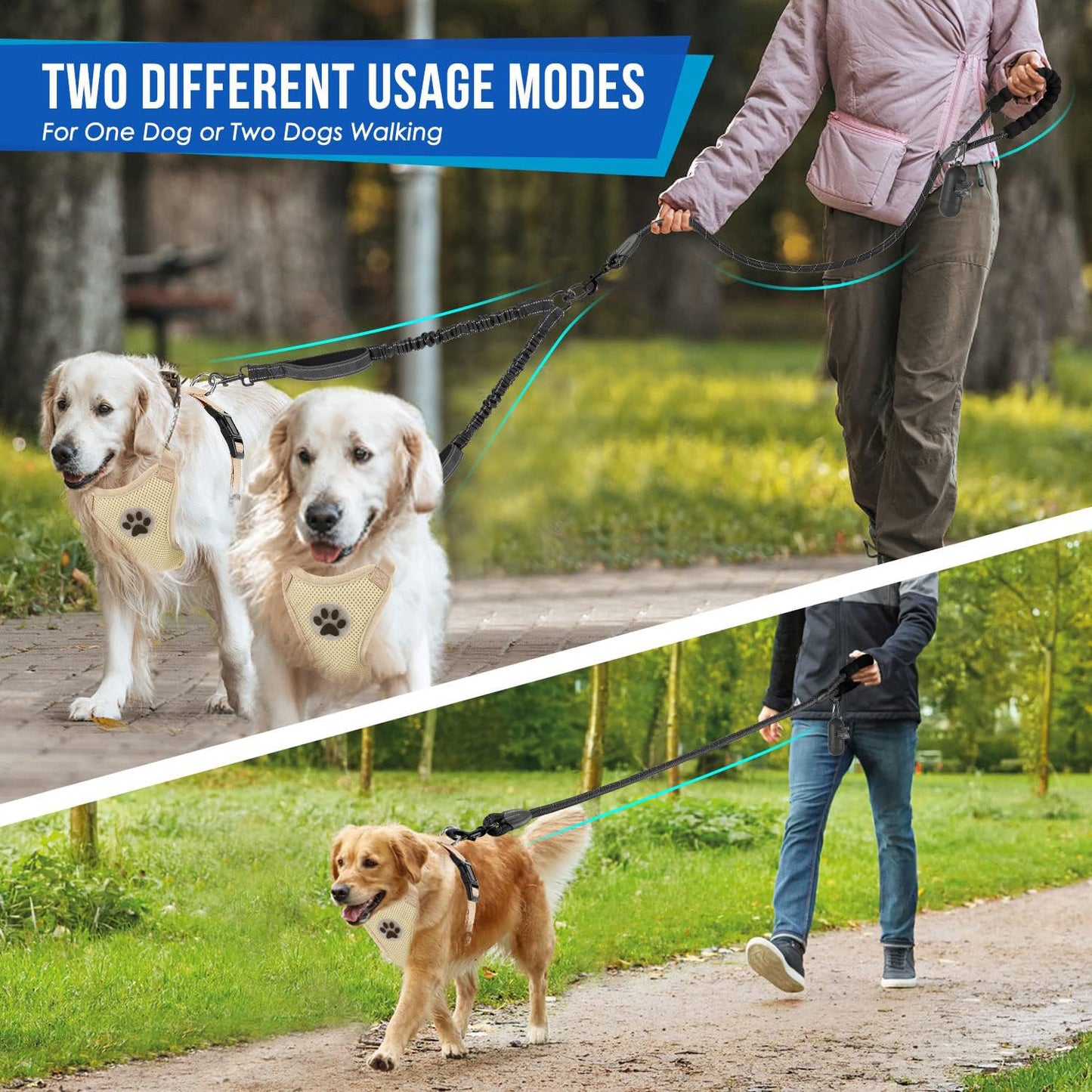 JoyPetto No-Tangle Double Dog Leash with 360° Swivel & Padded Handles