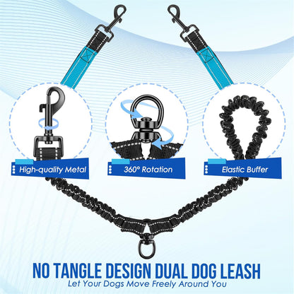 JoyPetto No-Tangle Double Dog Leash with 360° Swivel & Padded Handles