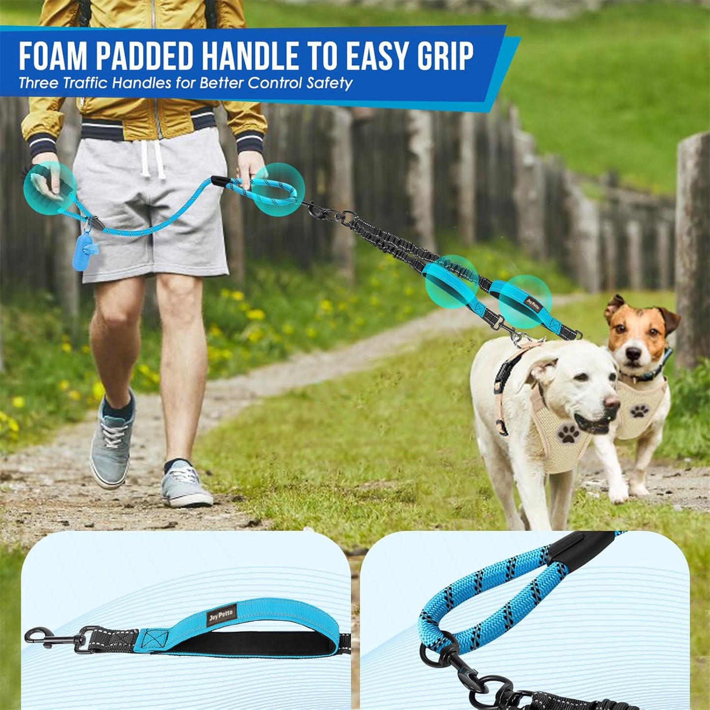 JoyPetto No-Tangle Double Dog Leash with 360° Swivel & Padded Handles