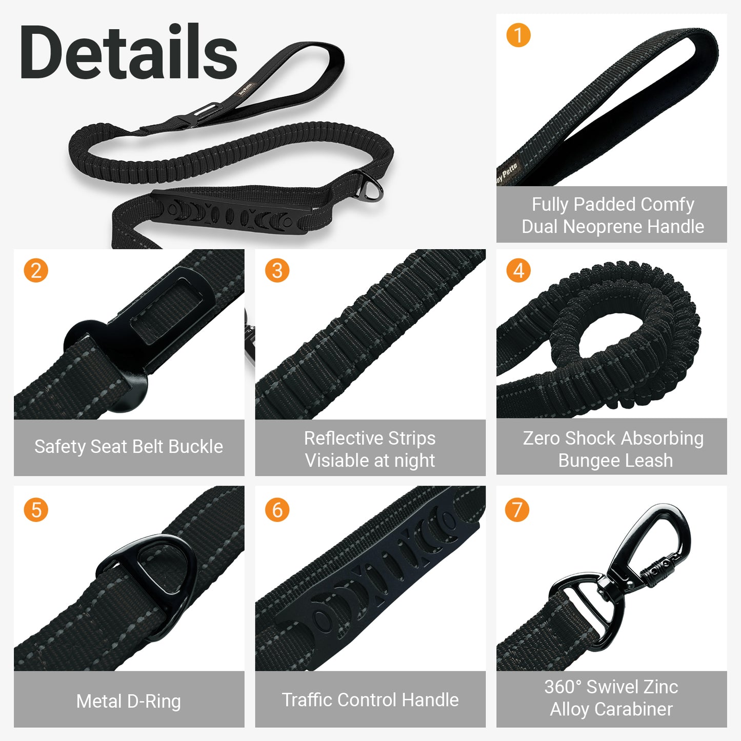 JoyPetto No-Pull Bungee Dog Leash with Seatbelt Clip & Dual Handles