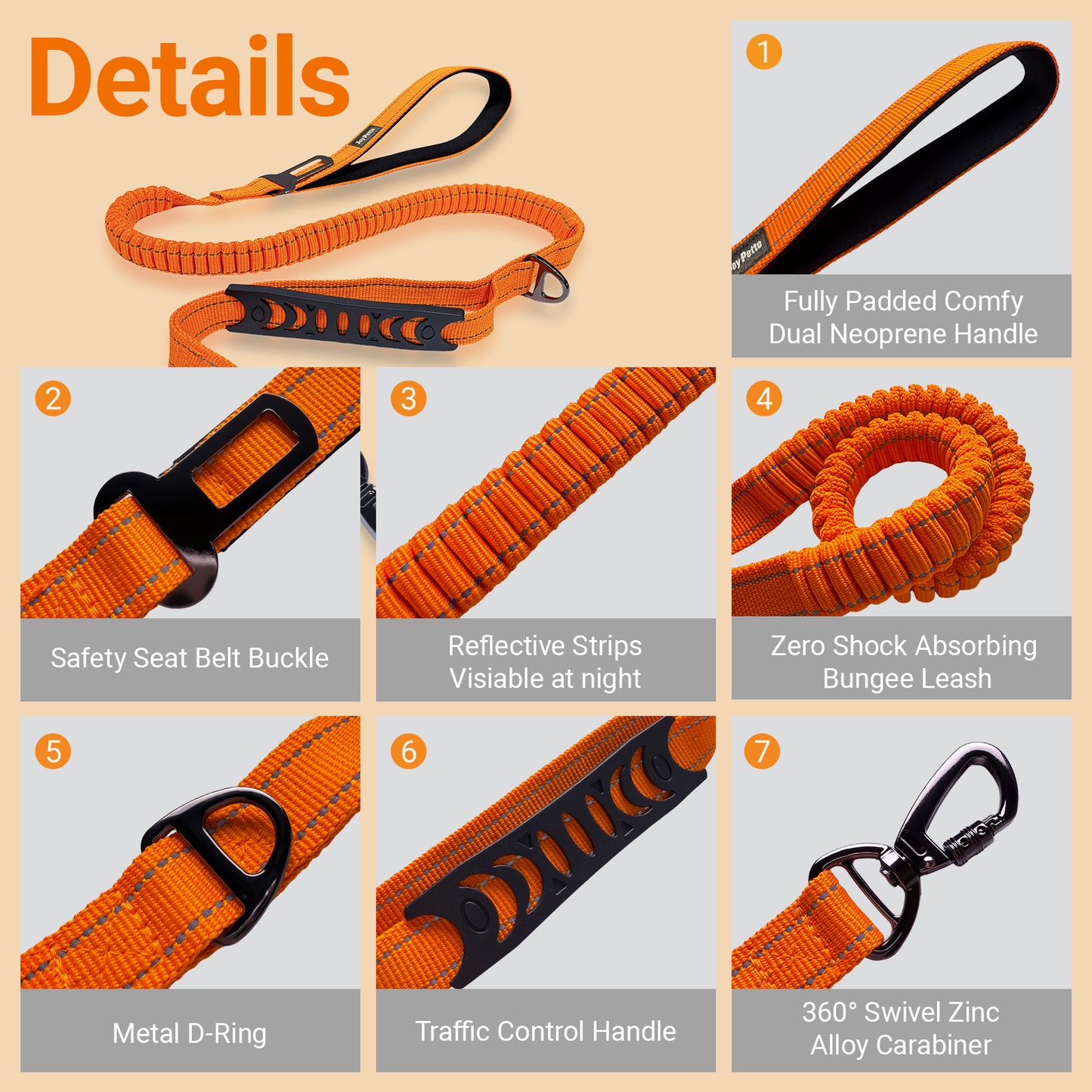 JoyPetto No-Pull Bungee Dog Leash with Seatbelt Clip & Dual Handles