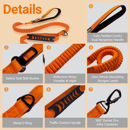 JoyPetto No-Pull Bungee Dog Leash with Seatbelt Clip & Dual Handles