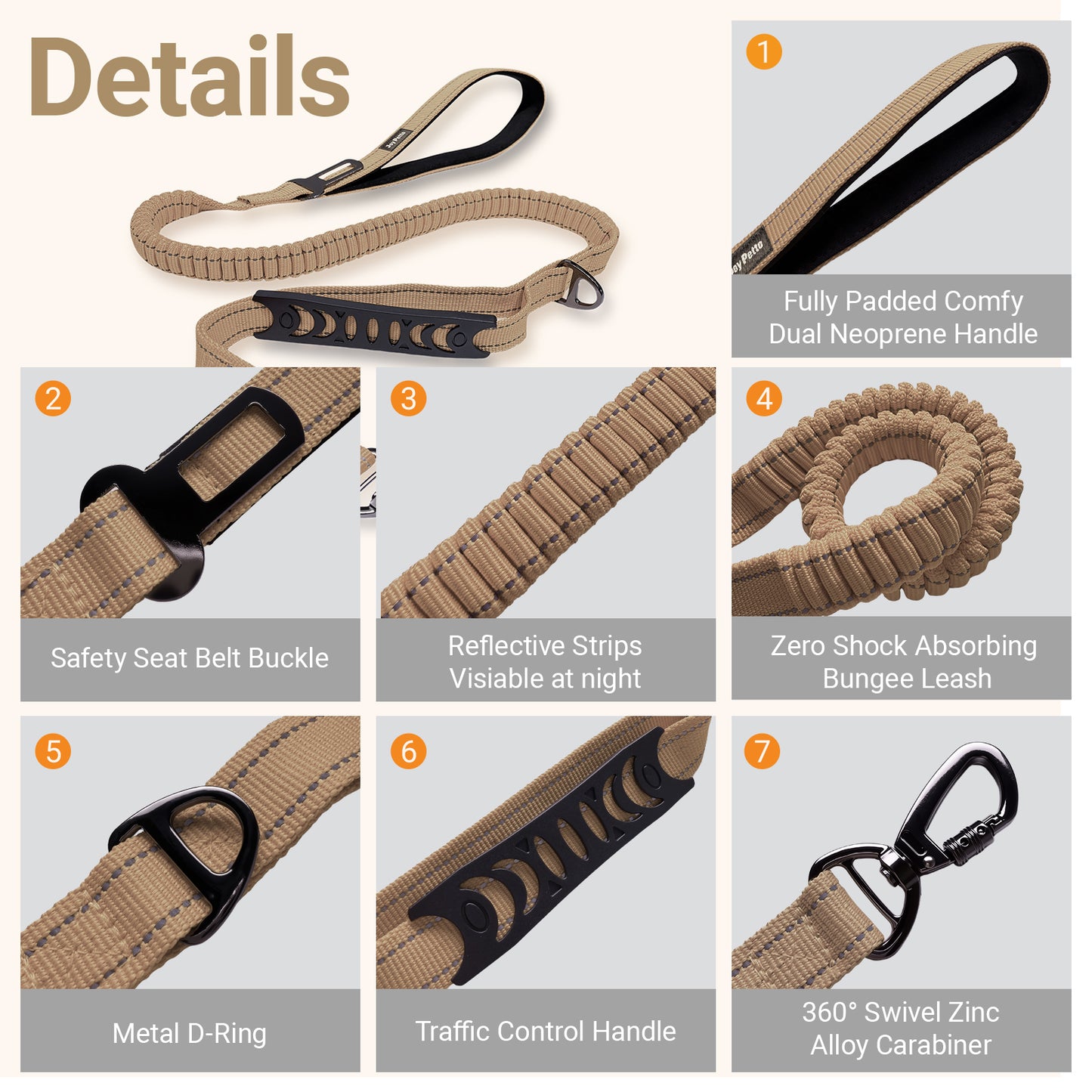 JoyPetto No-Pull Bungee Dog Leash with Seatbelt Clip & Dual Handles