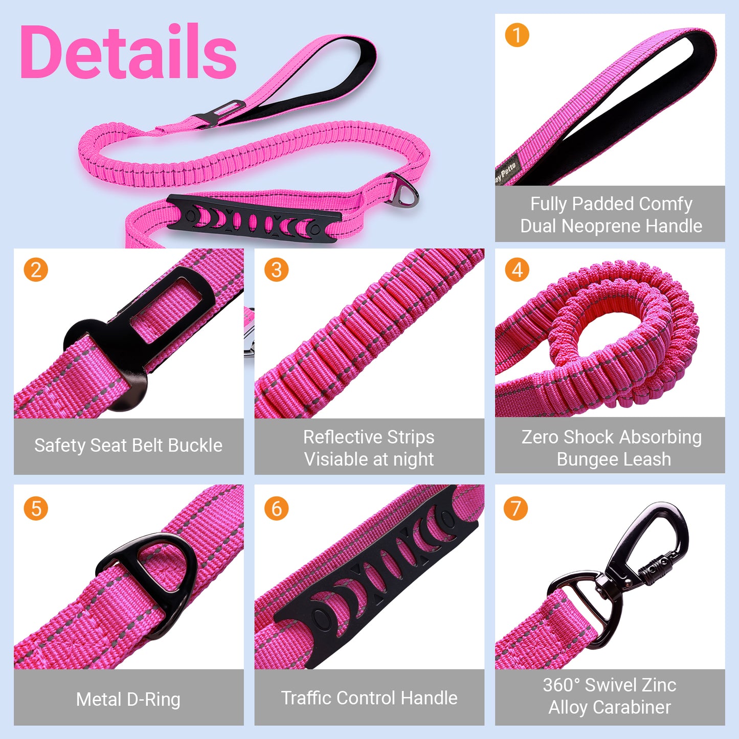 JoyPetto No-Pull Bungee Dog Leash with Seatbelt Clip & Dual Handles