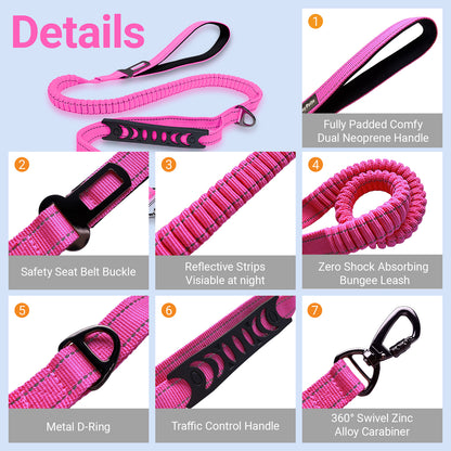 JoyPetto No-Pull Bungee Dog Leash with Seatbelt Clip & Dual Handles