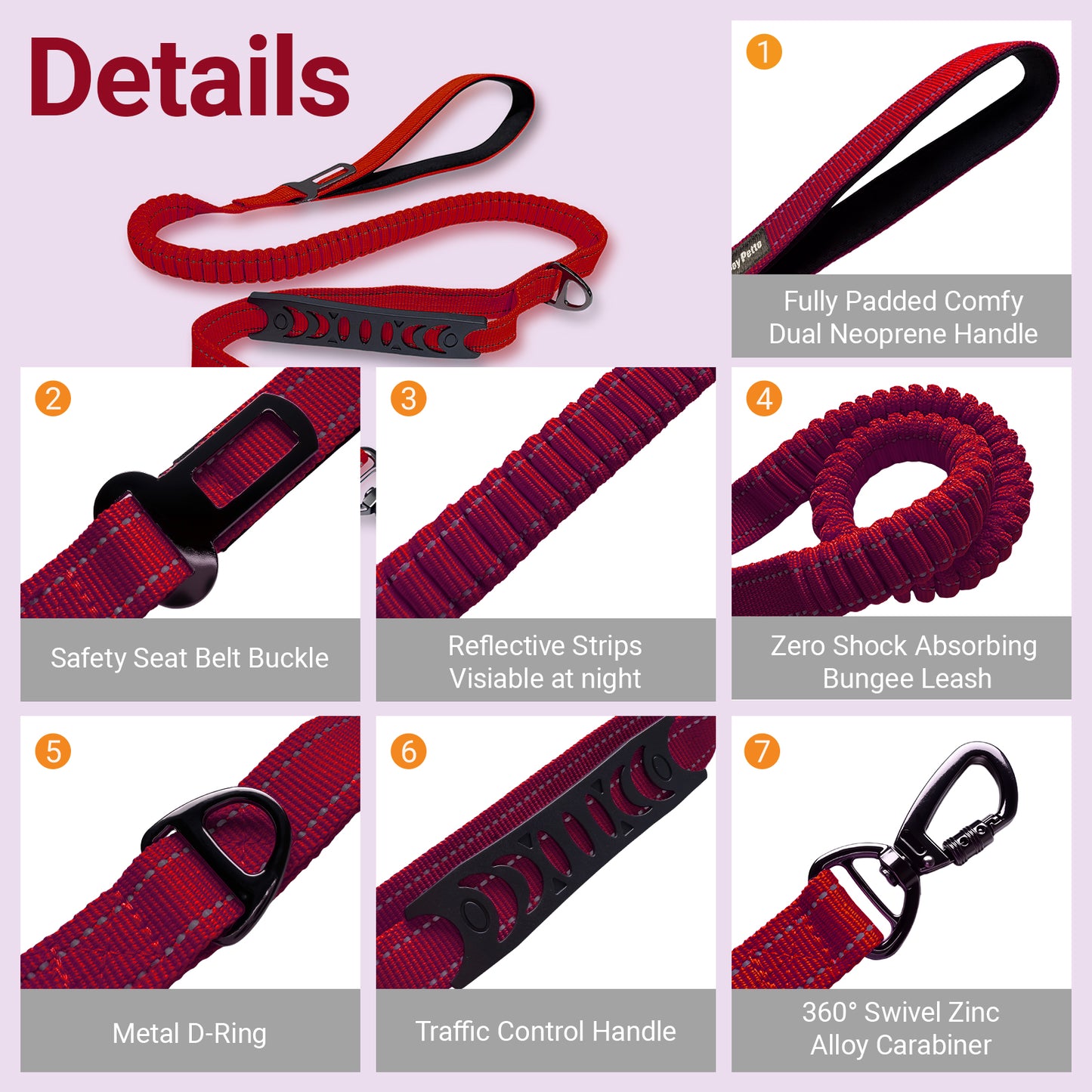 JoyPetto No-Pull Bungee Dog Leash with Seatbelt Clip & Dual Handles