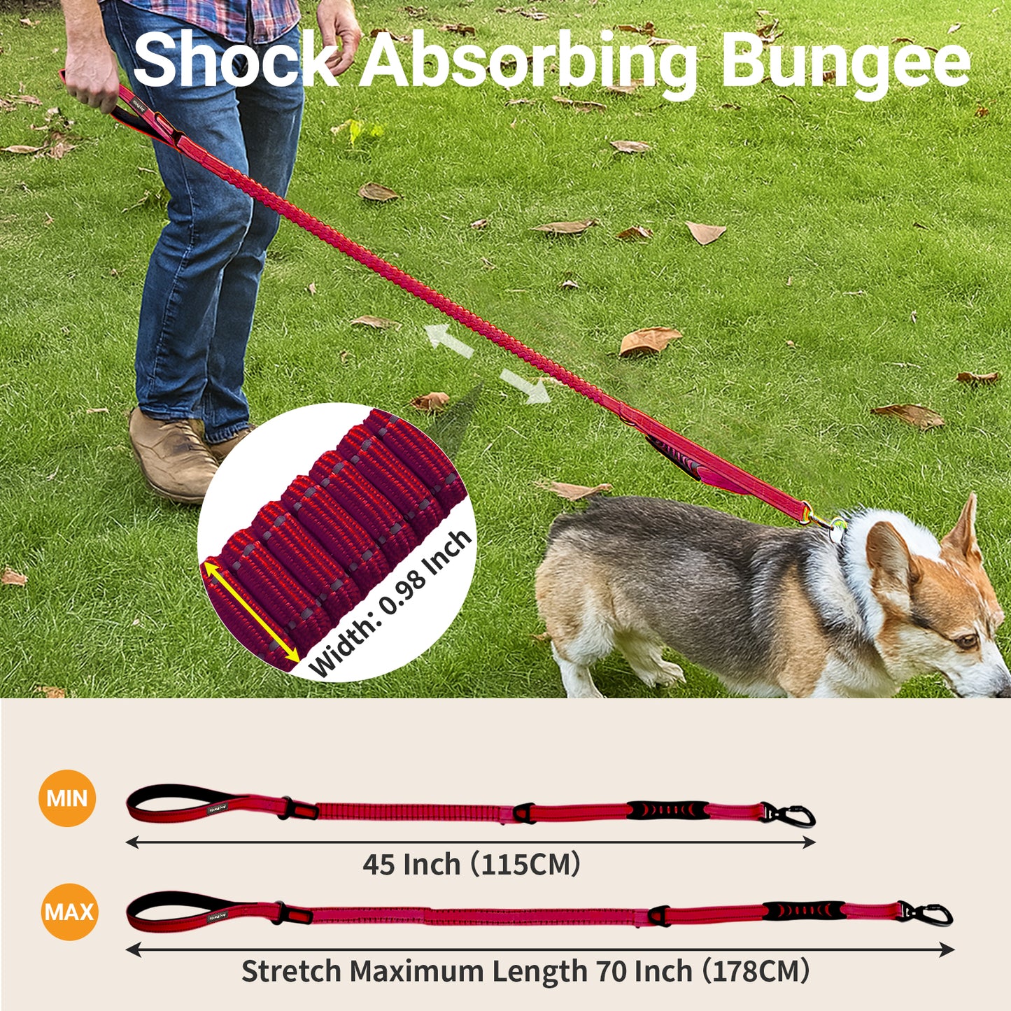 JoyPetto No-Pull Bungee Dog Leash with Seatbelt Clip & Dual Handles
