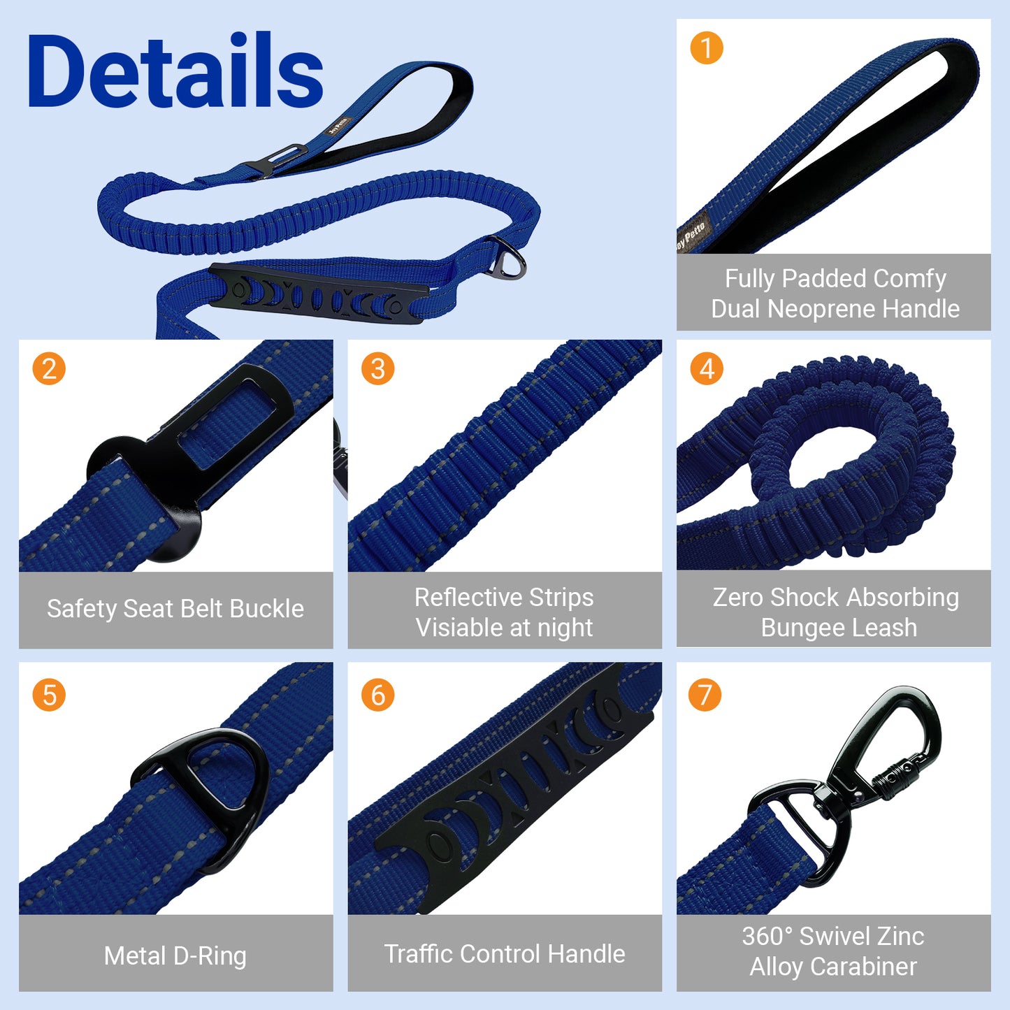 JoyPetto No-Pull Bungee Dog Leash with Seatbelt Clip & Dual Handles