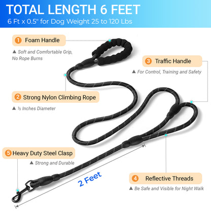 JoyPetto 6 ft Reflective Rope Dog Leash with Dual Traffic Handles