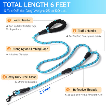 JoyPetto 6 ft Reflective Rope Dog Leash with Dual Traffic Handles