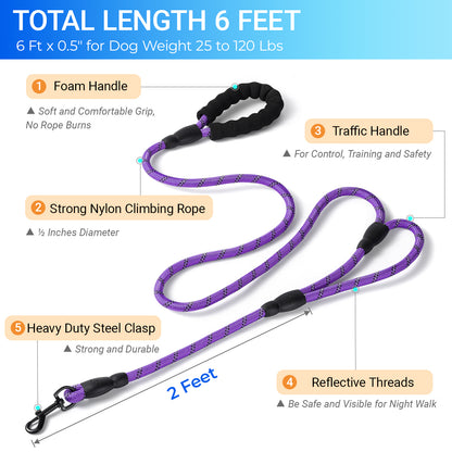 JoyPetto 6 ft Reflective Rope Dog Leash with Dual Traffic Handles
