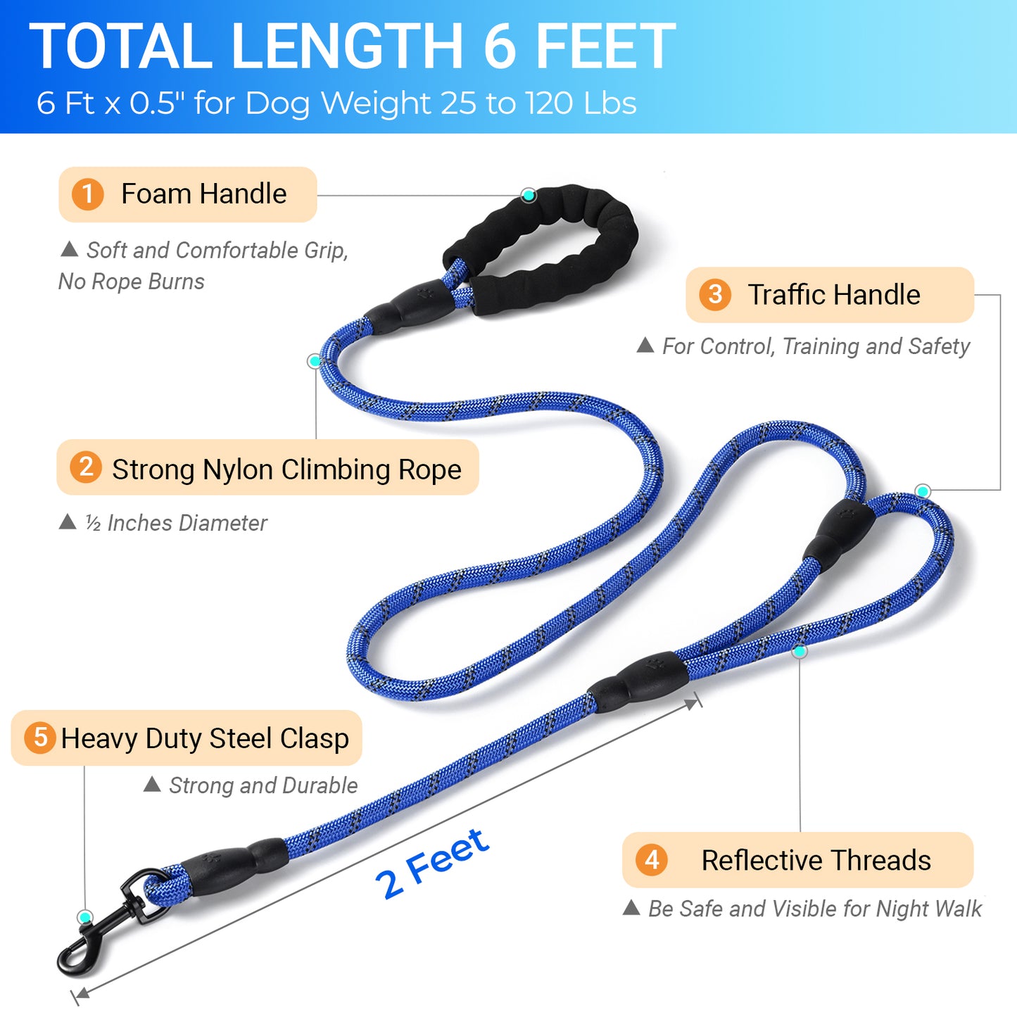 JoyPetto 6 ft Reflective Rope Dog Leash with Dual Traffic Handles