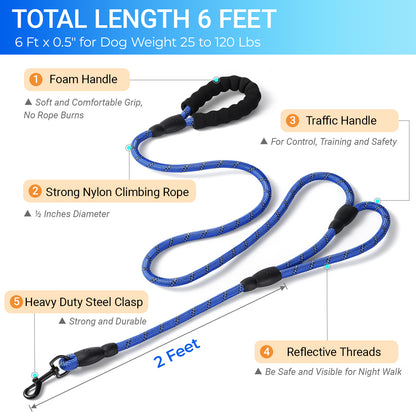 JoyPetto 6 ft Reflective Rope Dog Leash with Dual Traffic Handles