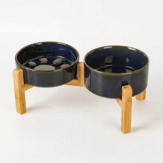 JoyPetto Elevated Ceramic Slow Feeder & Water Bowl Set with Stand