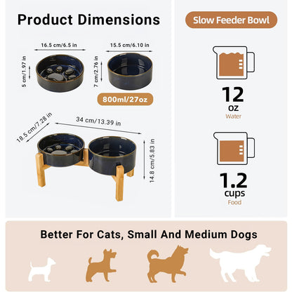 JoyPetto Elevated Ceramic Slow Feeder & Water Bowl Set with Stand