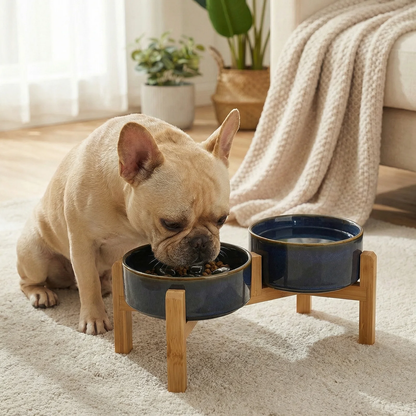 JoyPetto Elevated Ceramic Slow Feeder & Water Bowl Set with Stand