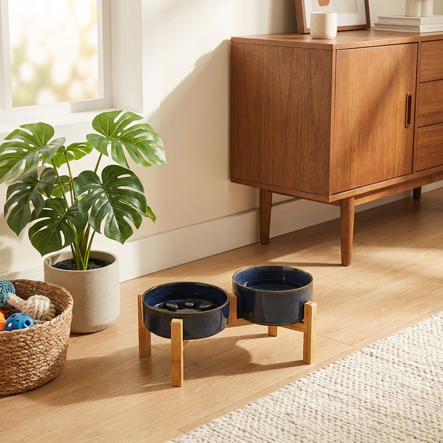 JoyPetto Elevated Ceramic Slow Feeder & Water Bowl Set with Stand