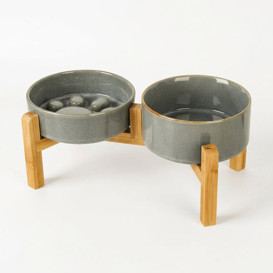 JoyPetto Elevated Ceramic Slow Feeder & Water Bowl Set with Stand