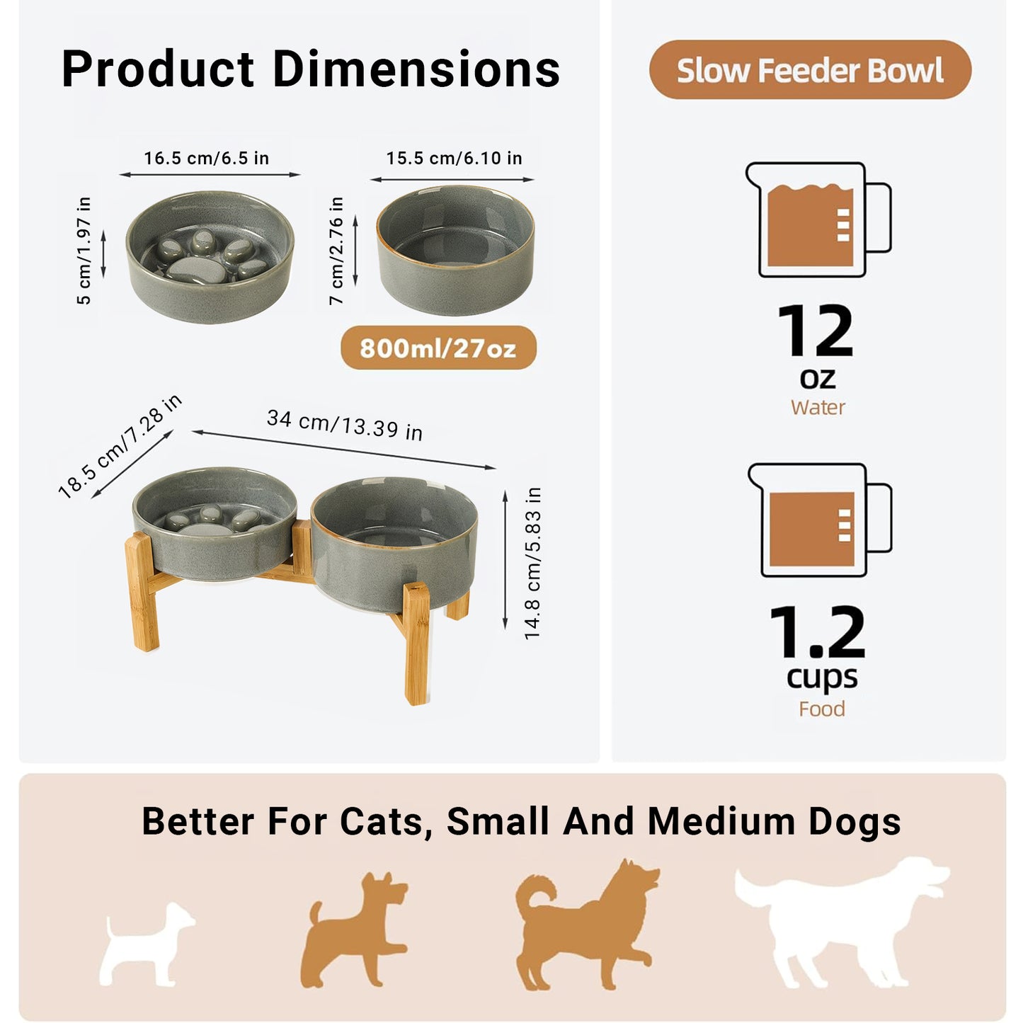 JoyPetto Elevated Ceramic Slow Feeder & Water Bowl Set with Stand