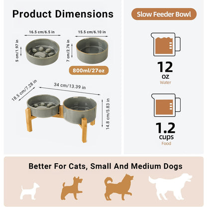 JoyPetto Elevated Ceramic Slow Feeder & Water Bowl Set with Stand