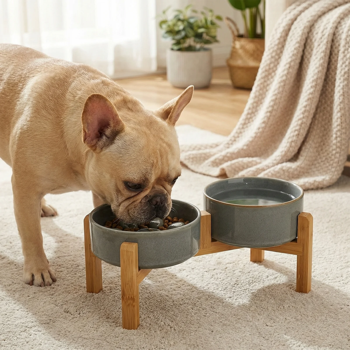 JoyPetto Elevated Ceramic Slow Feeder & Water Bowl Set with Stand