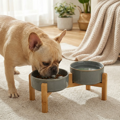 JoyPetto Elevated Ceramic Slow Feeder & Water Bowl Set with Stand